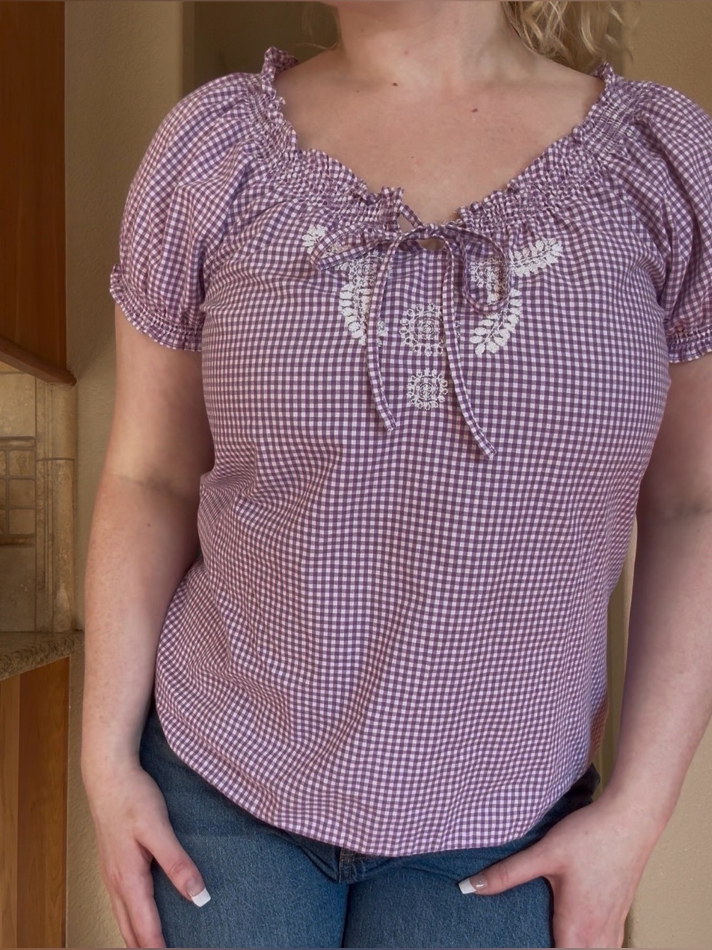 Lavender Gingham Peasant Top
